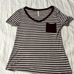 Red and grey v-neck shirt